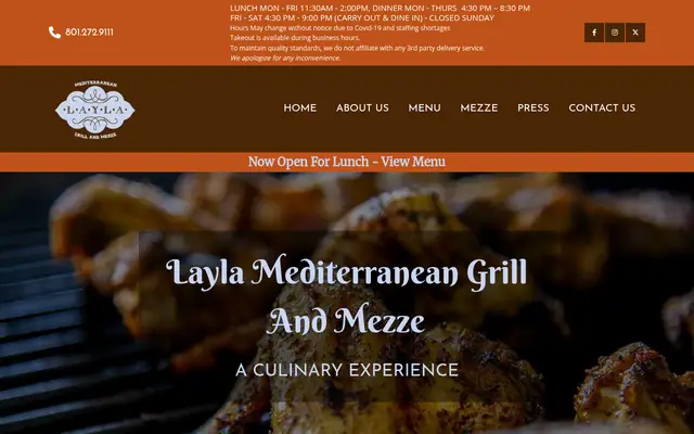 Homepage of Layla Mediterranean Grill and Mezze