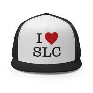 I ❤️ SLC – Premium Flat-Bill Trucker Hat (Black/White)