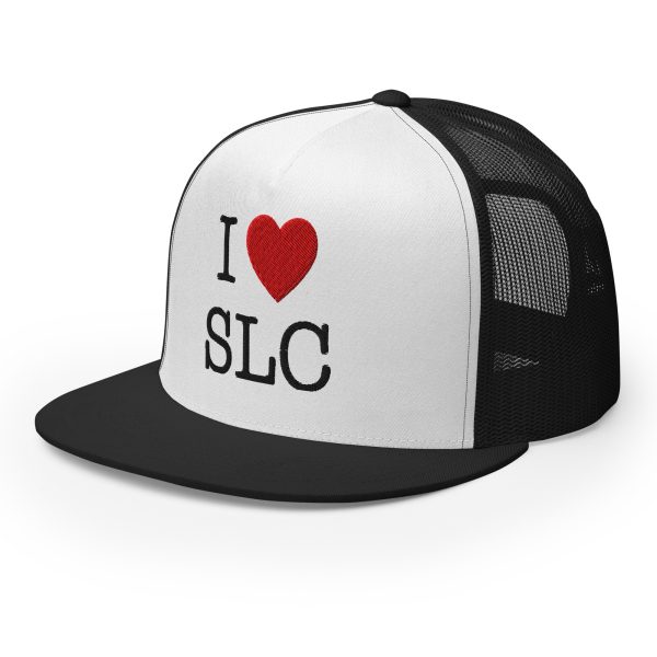 I ❤️ SLC – Premium Flat-Bill Trucker Hat (Black/White) - Image 4