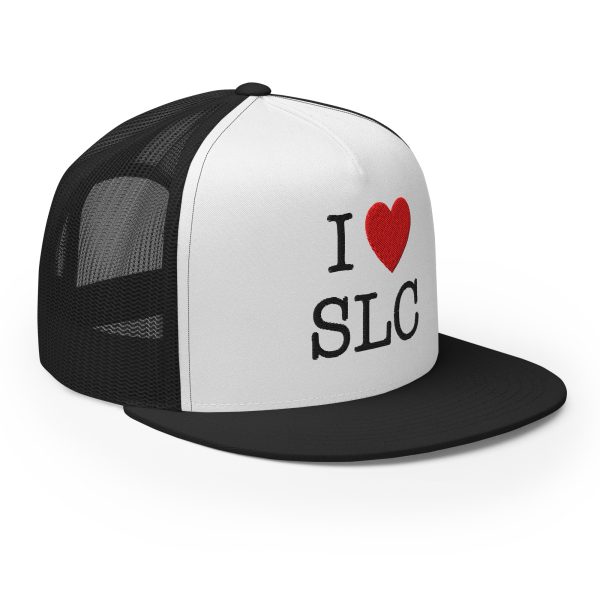 I ❤️ SLC – Premium Flat-Bill Trucker Hat (Black/White) - Image 6