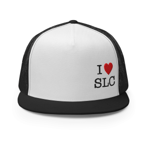 I ❤️ SLC – OFF CENTER  Flat-Bill Trucker Hat (Black/White)