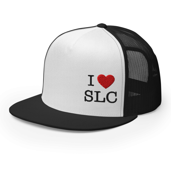 I ❤️ SLC – OFF CENTER  Flat-Bill Trucker Hat (Black/White) - Image 3