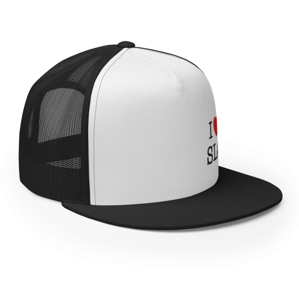 I ❤️ SLC – OFF CENTER  Flat-Bill Trucker Hat (Black/White) - Image 4